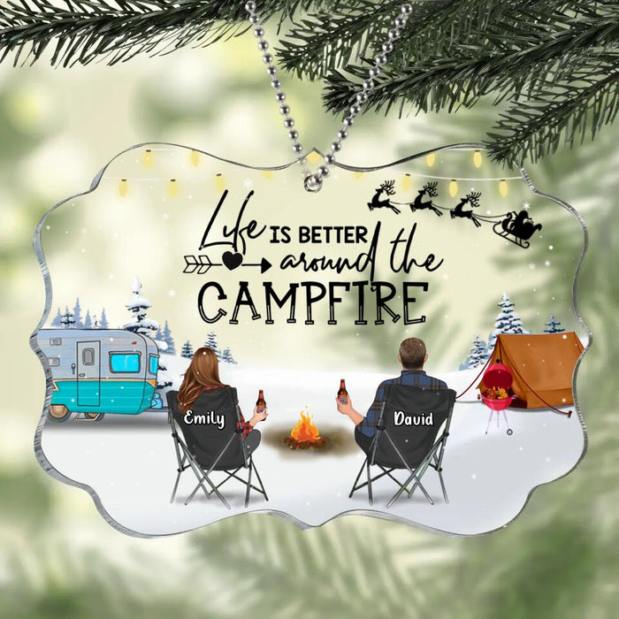 Custom Personalized Christmas Camping Acrylic Ornament - Gift For Couple/ Family/ Camping Lover - Couple/ Parents With Upto 3 Kids And 3 Pets - Life Is Better Around The Campfire