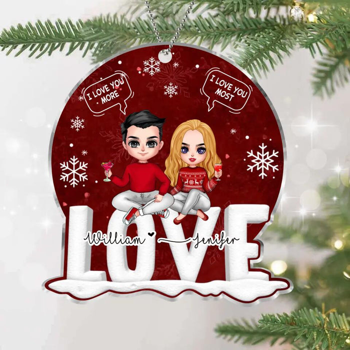 Custom Personalized Couple Sitting On Word Love Shape Acrylic Ornament - Christmas Gift For Couple/ Anniversary Gift - I Love You Most