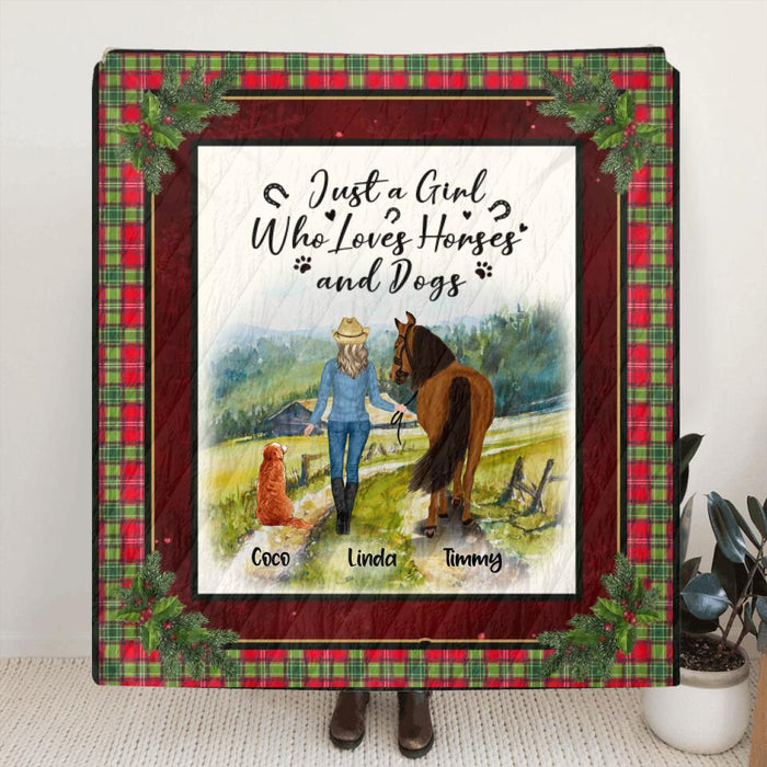 Custom Personalized Dog & Horse Quilt/Single Layer Fleece Blanket/Pillow Cover - Gift Idea For Dog/Horse Lovers - Just A Girl Who Loves Horses And Dogs