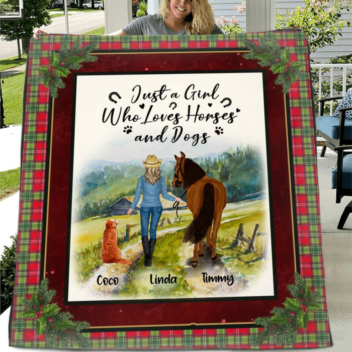 Custom Personalized Dog & Horse Quilt/Single Layer Fleece Blanket/Pillow Cover - Gift Idea For Dog/Horse Lovers - Just A Girl Who Loves Horses And Dogs