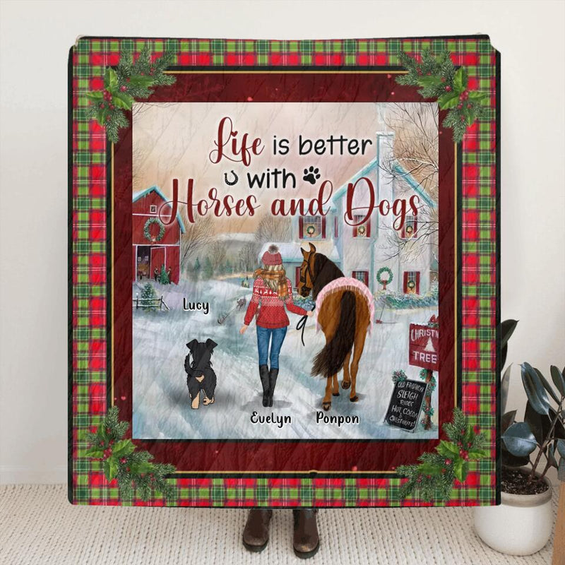 Personalized Dogs & Horses Fleece Throw Blanket/Quilt/Pillow Cover - Gift Idea For Horse/Dog Lovers - Life Is Better With Horses And Dogs