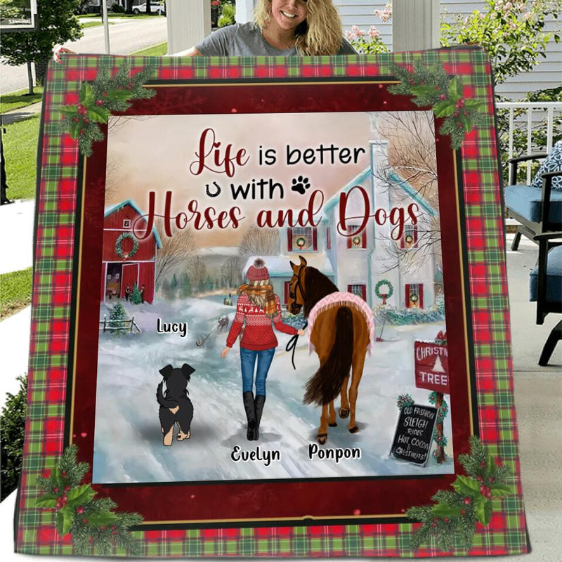 Personalized Dogs & Horses Fleece Throw Blanket/Quilt/Pillow Cover - Gift Idea For Horse/Dog Lovers - Life Is Better With Horses And Dogs