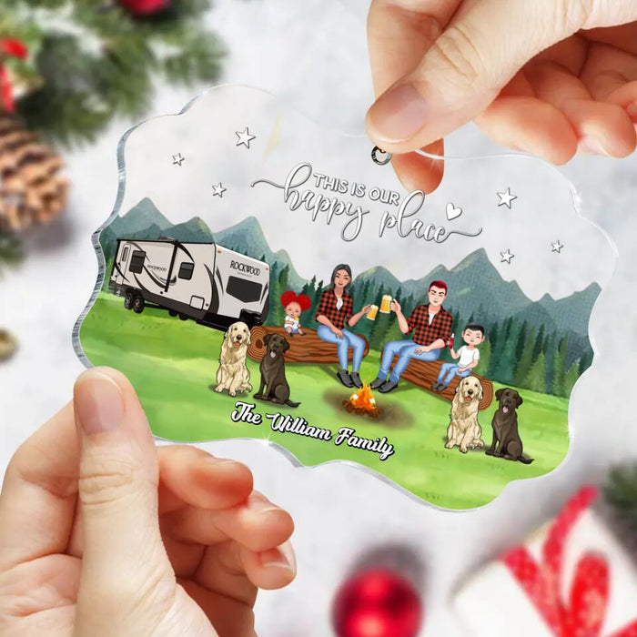 Custom Personalized Camping Acrylic Ornament - Gift Idea For Camping Lover/ Dog Lover/ Couple/ Family - Couple/ Parents With Upto 2 Kids And 4 Dogs - This Is Our Happy Place