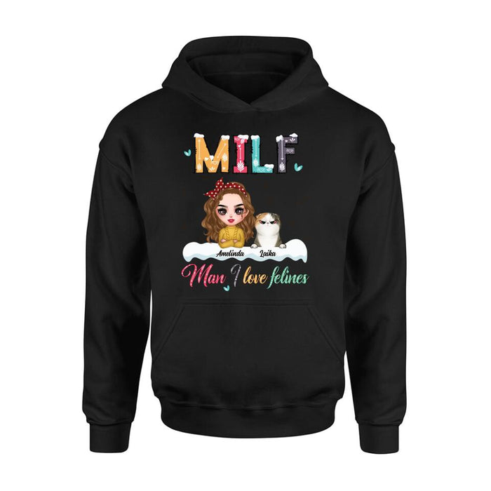 Custom Personalized Cat Mom Winter T-shirt/ Long Sleeve/ Sweatshirt/ Hoodie - Gift Idea For Cat Lover With Upto 4 Cats - Christmas/ Winter Gift - MILF Man I Love Felines