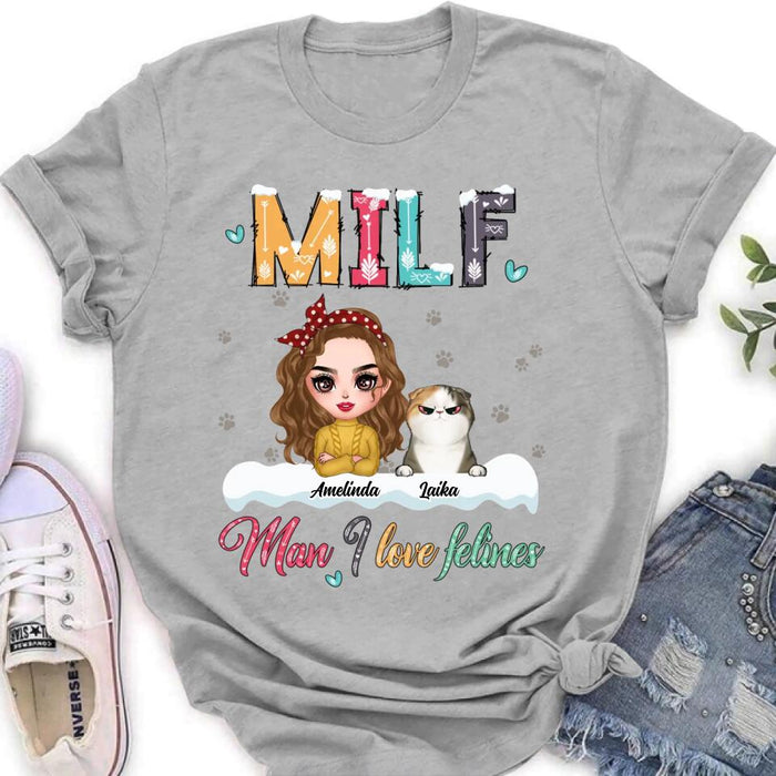 Custom Personalized Cat Mom Winter T-shirt/ Long Sleeve/ Sweatshirt/ Hoodie - Gift Idea For Cat Lover With Upto 4 Cats - Christmas/ Winter Gift - MILF Man I Love Felines