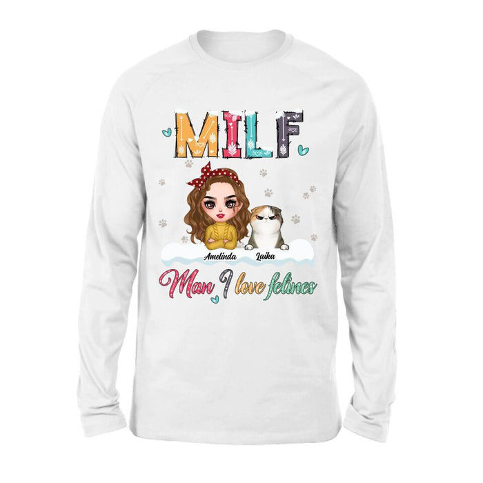 Custom Personalized Cat Mom Winter T-shirt/ Long Sleeve/ Sweatshirt/ Hoodie - Gift Idea For Cat Lover With Upto 4 Cats - Christmas/ Winter Gift - MILF Man I Love Felines