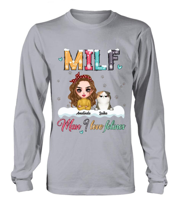 Custom Personalized Cat Mom Winter T-shirt/ Long Sleeve/ Sweatshirt/ Hoodie - Gift Idea For Cat Lover With Upto 4 Cats - Christmas/ Winter Gift - MILF Man I Love Felines