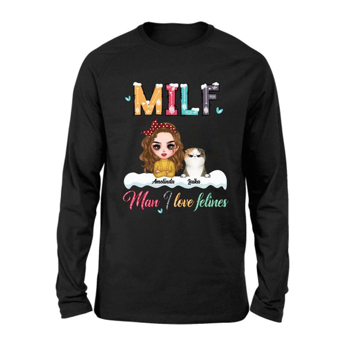 Custom Personalized Cat Mom Winter T-shirt/ Long Sleeve/ Sweatshirt/ Hoodie - Gift Idea For Cat Lover With Upto 4 Cats - Christmas/ Winter Gift - MILF Man I Love Felines