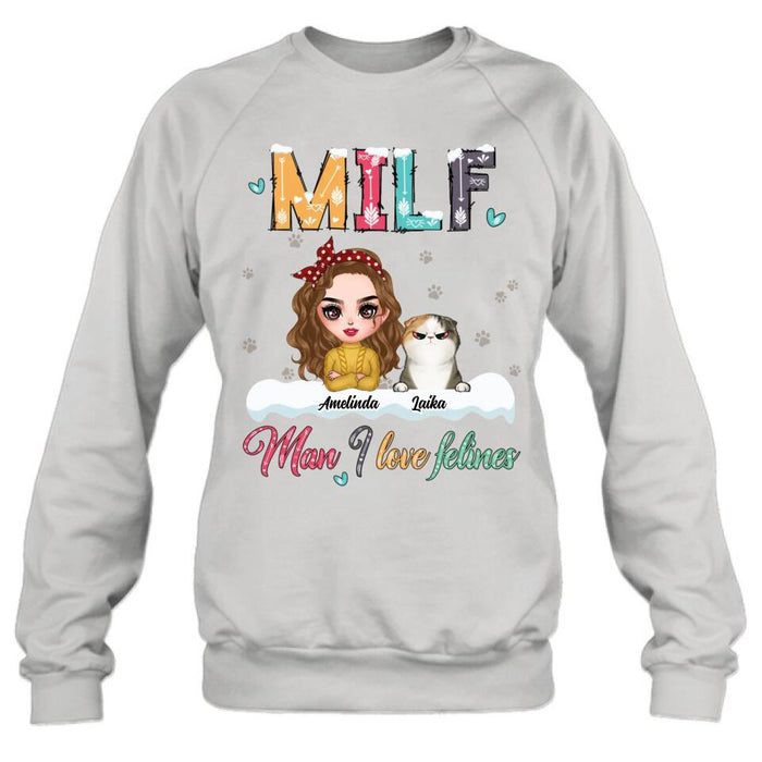 Custom Personalized Cat Mom Winter T-shirt/ Long Sleeve/ Sweatshirt/ Hoodie - Gift Idea For Cat Lover With Upto 4 Cats - Christmas/ Winter Gift - MILF Man I Love Felines