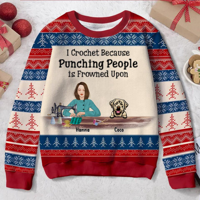 Personalized Crochet All-Over Print Sweater - Up to 5 Pets - Gift Idea For Dog/Cat/Crochet Lovers - I Crochet Because Punching People Is Frowned Upon