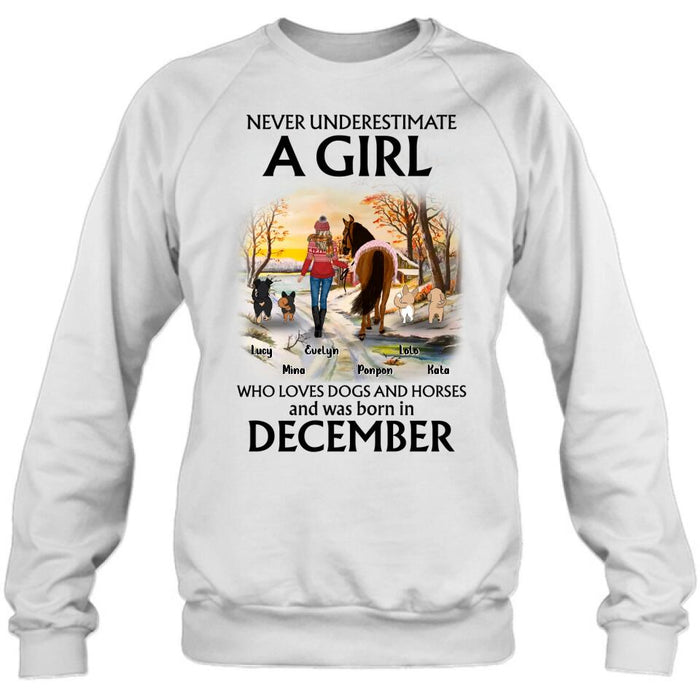 Custom Personalized Dogs And A Horse Shirt - Upto 4 Dogs - Christmas Gift Idea For Horse/Dog Owners - Never Underestimate A Girl Who Loves Dogs And Horses