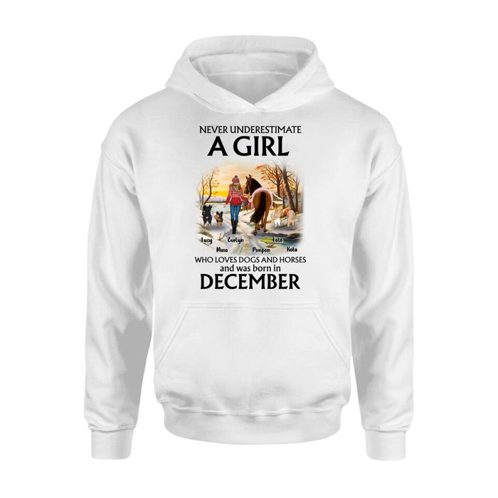 Custom Personalized Dogs And A Horse Shirt - Upto 4 Dogs - Christmas Gift Idea For Horse/Dog Owners - Never Underestimate A Girl Who Loves Dogs And Horses