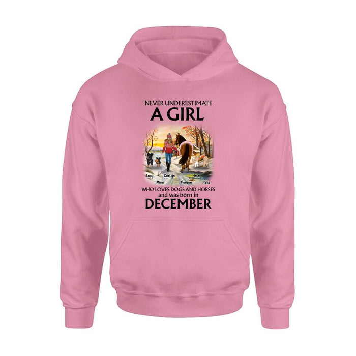 Custom Personalized Dogs And A Horse Shirt - Upto 4 Dogs - Christmas Gift Idea For Horse/Dog Owners - Never Underestimate A Girl Who Loves Dogs And Horses