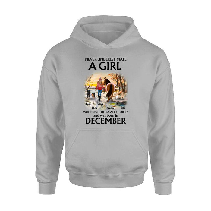 Custom Personalized Dogs And A Horse Shirt - Upto 4 Dogs - Christmas Gift Idea For Horse/Dog Owners - Never Underestimate A Girl Who Loves Dogs And Horses