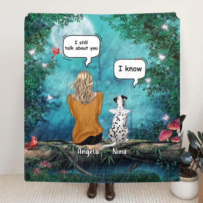 Custom Personalized Memorial Dog/Cat Quilt/Single Layer Fleece Blanket - Adult/ Couple With Upto 4 Pets - Memorial Gift Idea For Dog/ Cat Lovers - I Still Talk About You