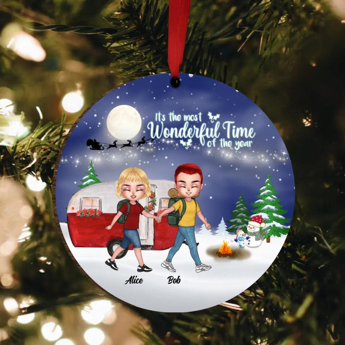 Custom Personalized Xmas Camping Couple Rectangle/Circle Wooden Ornament - Christmas Gift Idea For Couple - It's The Most Wonderful Time Of The Year