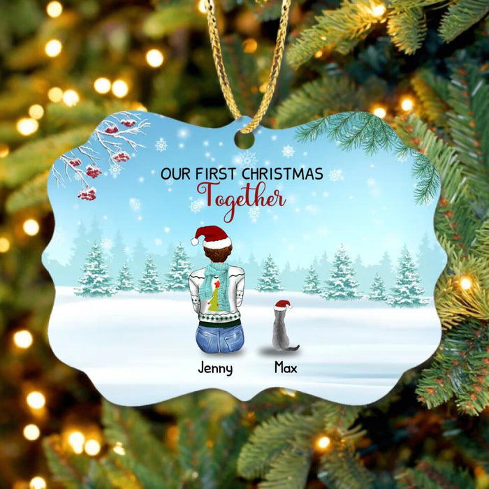 Custom Personalized Christmas Family Rectangle Wooden/Acrylic Ornament - Best Gift Idea For Christmas/Family With Up To 3 Kids & 3 Pets - Our First Christmas Together