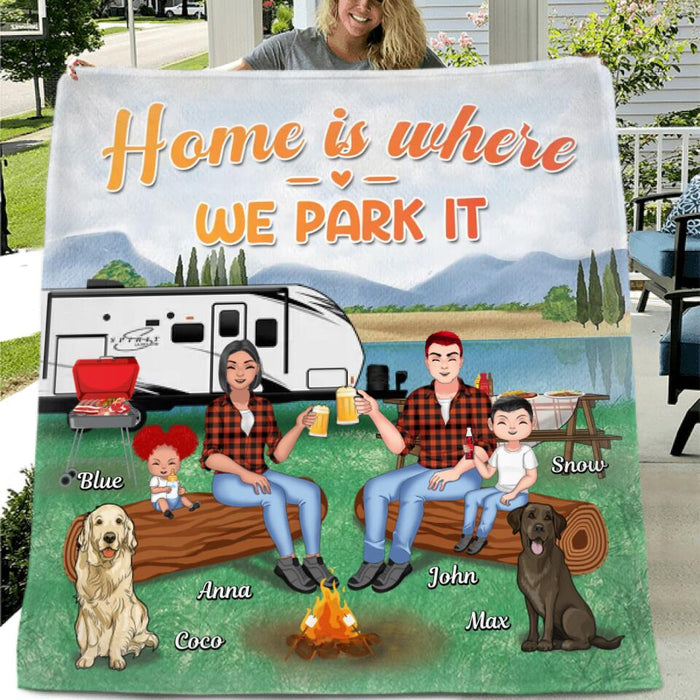 Custom Personalized Camping Fleece/ Quilt Blanket - Gift Idea For Family/ Camping Lover - Couple/Parents With Upto 2 Kids And 4 Dogs - Home Is Where We Park It