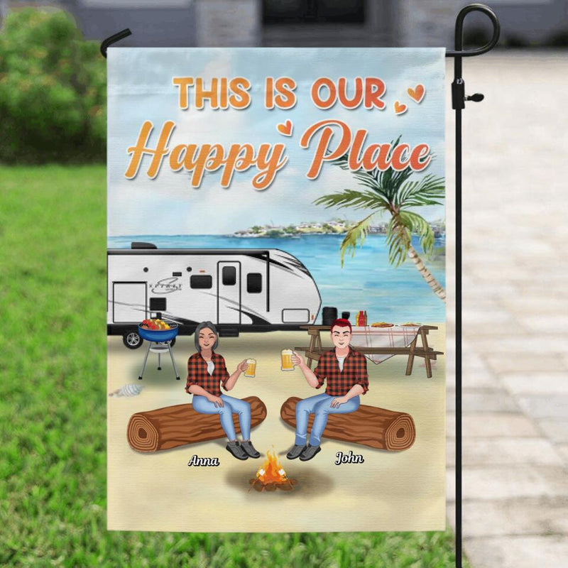 Personalized Camping Flag Sign - Gift Idea For Family/Camping Lover - Couple/Parents With Up to 2 Kids And 4 Dogs - This Is Our Happy Place