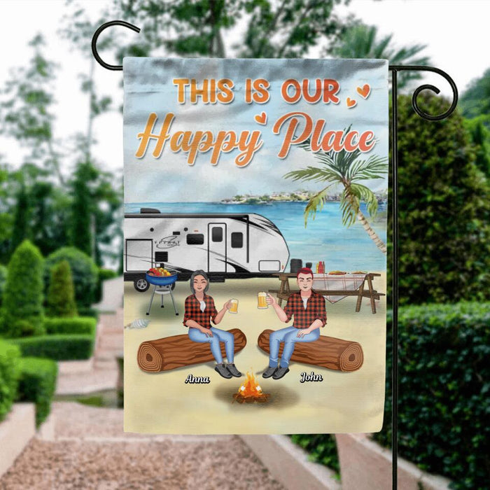 Custom Personalized Camping Flag Sign - Gift Idea For Family/ Camping Lover - Couple/Parents With Upto 2 Kids And 4 Dogs - This Is Our Happy Place