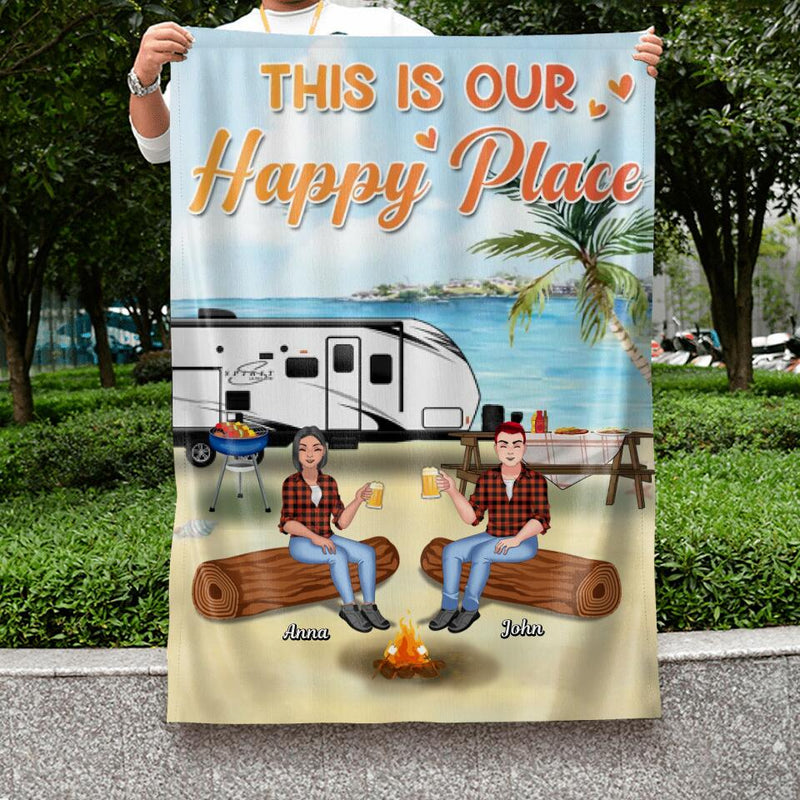 Personalized Camping Flag Sign - Gift Idea For Family/Camping Lover - Couple/Parents With Up to 2 Kids And 4 Dogs - This Is Our Happy Place