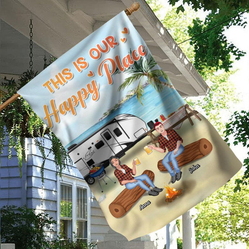 Personalized Camping Flag Sign - Gift Idea For Family/Camping Lover - Couple/Parents With Up to 2 Kids And 4 Dogs - This Is Our Happy Place