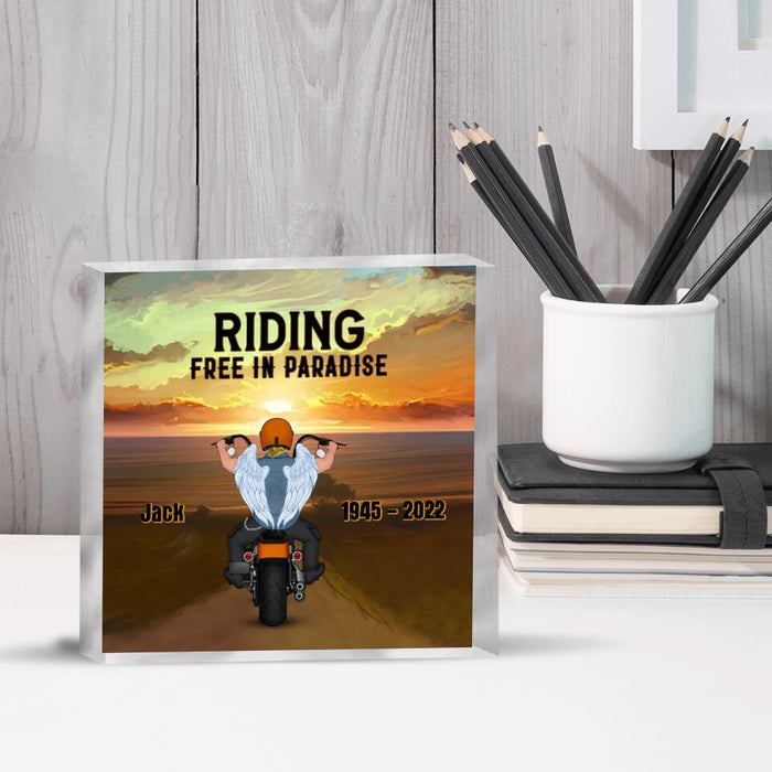 Custom Personalized Memorial Biker Square Acrylic Plaque - Memorial Gift Idea For Father's Day - Riding  Free In Paradise