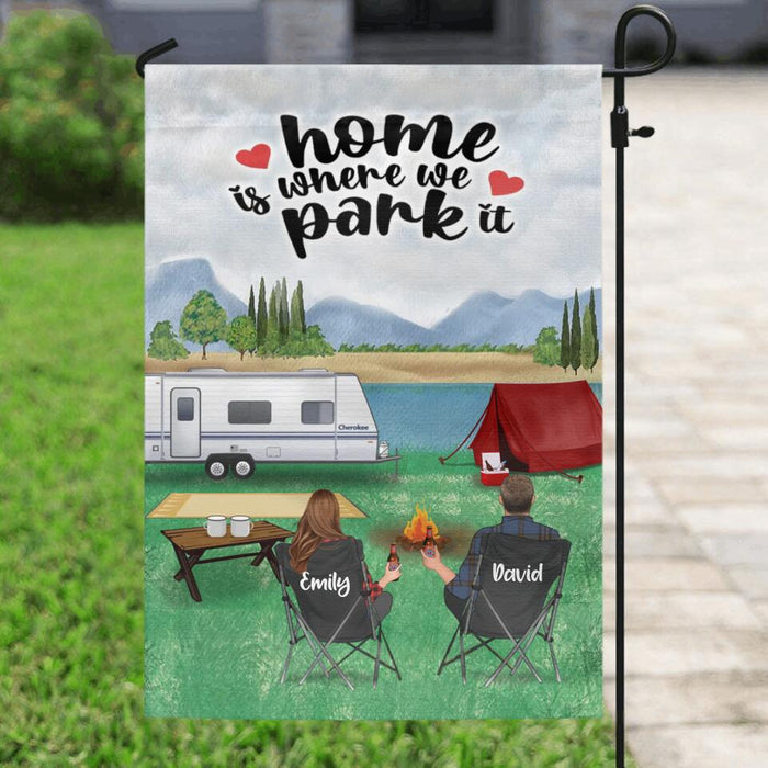 Custom Personalized Camping Flag Sign - Gift Idea For Couple/Family/ Camping Lover - Couple/Parents With Upto 2 Kids And 3 Dogs - Home Is Where We Park It