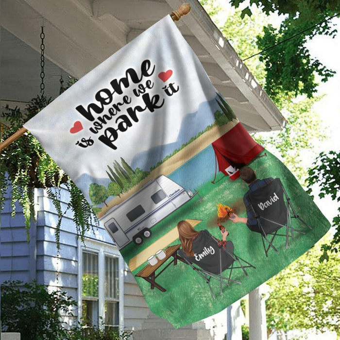 Custom Personalized Camping Flag Sign - Gift Idea For Couple/Family/ Camping Lover - Couple/Parents With Upto 2 Kids And 3 Dogs - Home Is Where We Park It