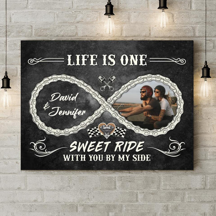 Custom Personalized Motorcycle Chain Infinity Symbol Canvas - Gift Idea For Couple - Life Is One Sweet Ride With You By My Side