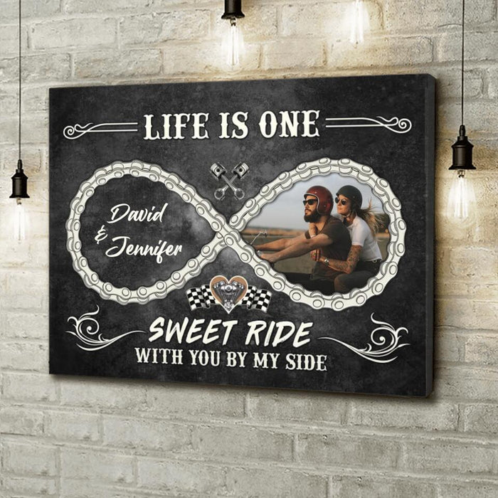 Custom Personalized Motorcycle Chain Infinity Symbol Canvas - Gift Idea For Couple - Life Is One Sweet Ride With You By My Side