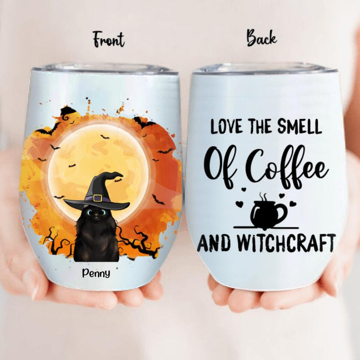 Custom Personalized Halloween Cats Wine Tumbler - Upto 3 Cats - Love The Smell Of Coffee And Witchcraft - B16ZKZ