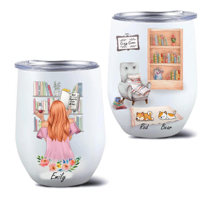 Custom Personalized Reading Pet Mom Wine Tumbler - Upto 5 Pets - Gift For Dog/ Cat Lovers