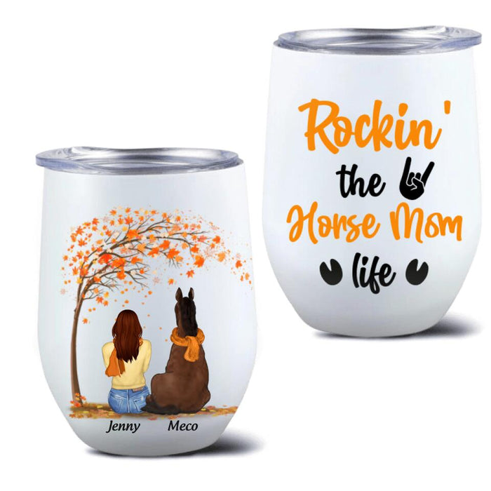 Custom Personalized Horse Mom In Autumn Wine Tumbler - Girl With Upto 3 Horses - Best Gift For Horse Lover - Rocking The Horse Mom Life
