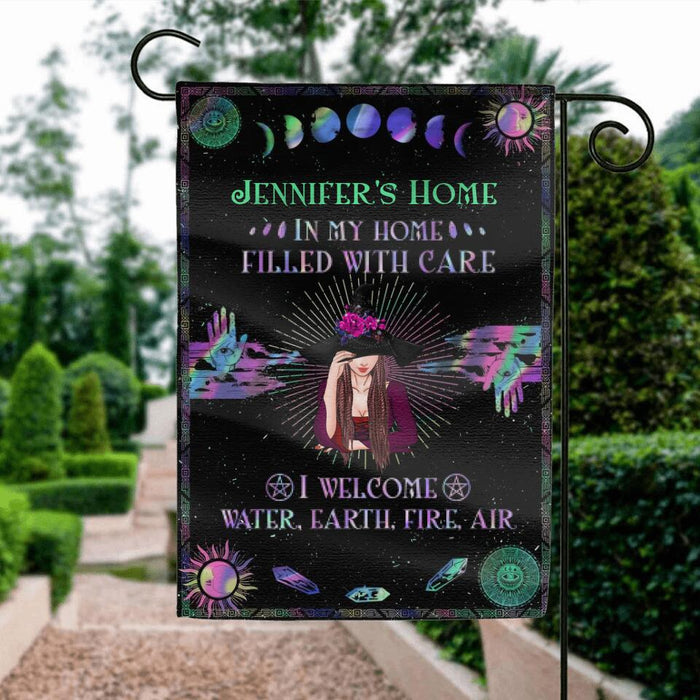 Custom Personalized Witch Lair Flag Sign - Gift Idea For Witch Lovers/Halloween - In My Home, Filled With Care I Welcome Water, Earth, Fire, Air