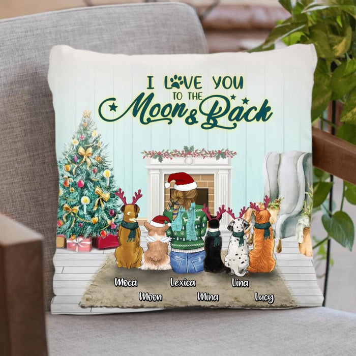 Custom Personalized Christmas Dog Mom Pillow Cover - Upto 5 Dogs - Gift Idea For Dog Lover/Dog Mom - I Love You To The Moon & Back