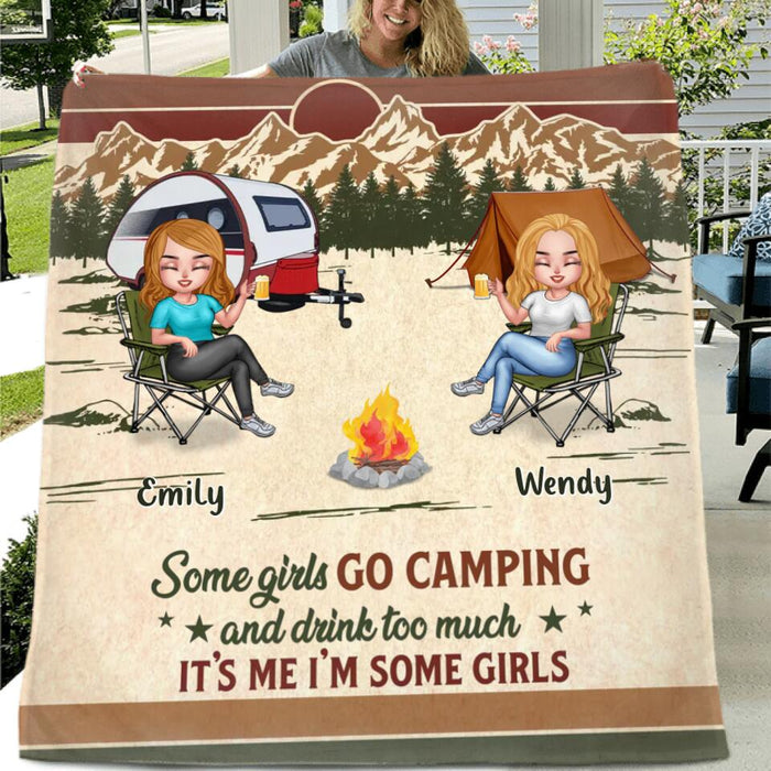 Custom Personalized Camping Friends Quilt/Fleece Blanket - Upto 7 Friends - Gift Idea For Friends/Besties/Camping Lovers - Some Girls Go Camping And Drink Too Much