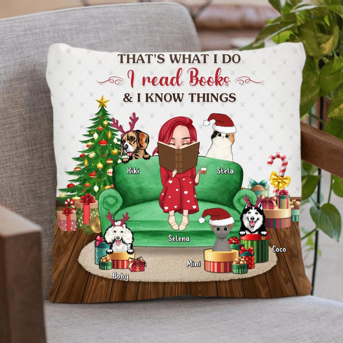 Custom Personalized Reading Book Pillow Cover/ Quilt/Fleece Blanket - Girl With Upto 5 Pets - Christmas Gift Idea For Book/Dog/Cat Lover - That's What I Do I Read Books & I Know Things