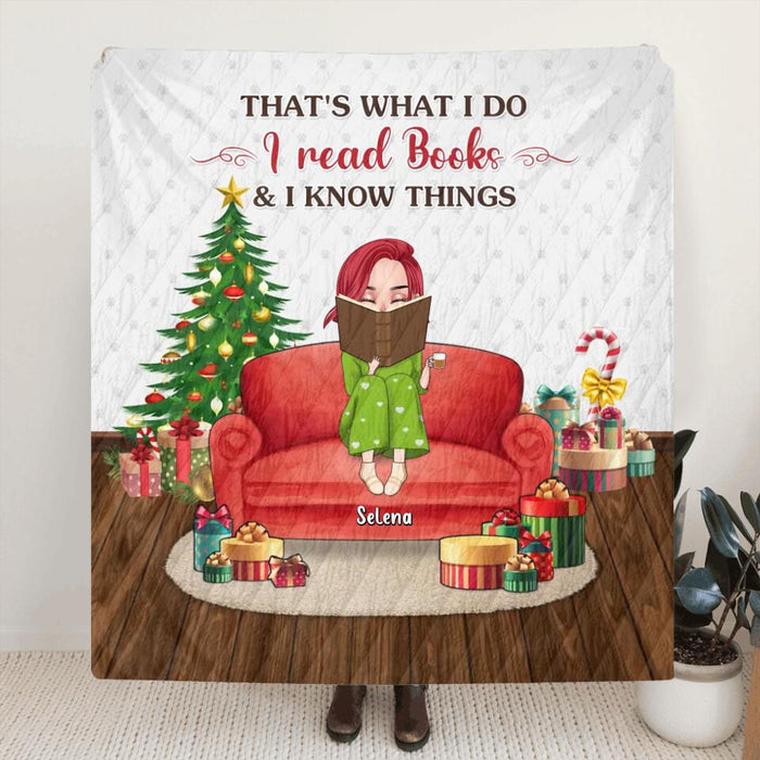 Custom Personalized Reading Book Pillow Cover/ Quilt/Fleece Blanket - Girl With Upto 5 Pets - Christmas Gift Idea For Book/Dog/Cat Lover - That's What I Do I Read Books & I Know Things