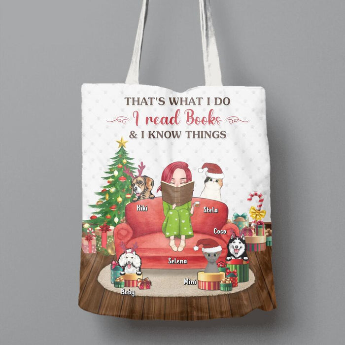 Personalized Reading Book Canvas Bag - Girl With Up to 5 Pets - Christmas Gift Idea For Book/Dog/Cat Lover - That's What I Do I Read Books & I Know Things