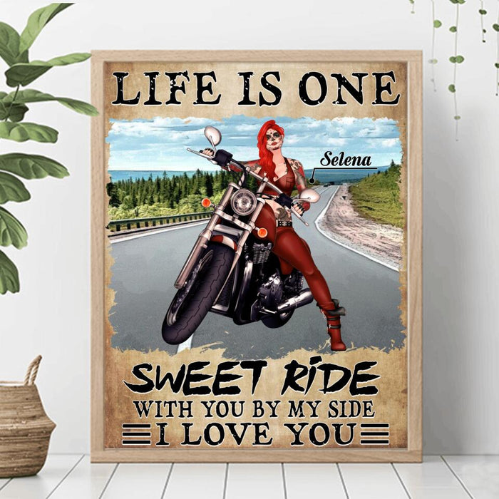 Custom Personalized Biker Girl Vertical Poster - Gift Idea For Biking Lovers - Life Is One Sweet Ride With You By My Side, I Love You