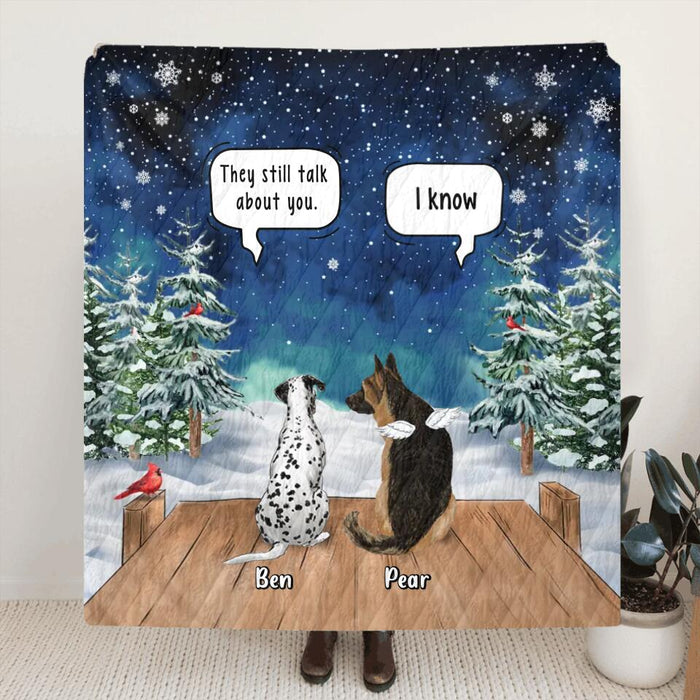 Custom Personalized Memorial Pet Quilt/Single Layer Fleece Blanket/Pillow Cover - Upto 5 Pets - Memorial Gift Idea For Dog/Cat Lovers - They Still Talk About You