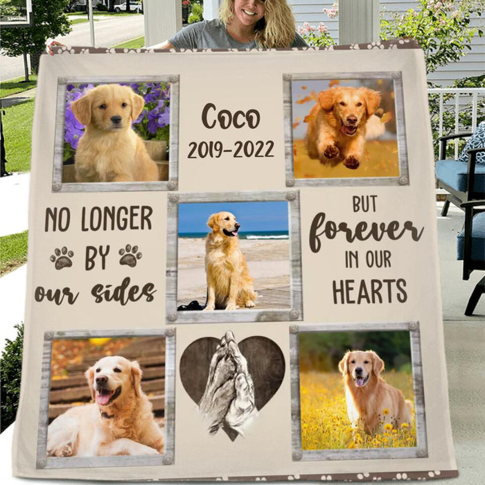 Custom Personalized Memorial Pet Fleece/Quilt Blanket - Upload 5 Photos - Memorial Gift For Dog Lover - No Longer By Our Sides But Forever In Our Hearts