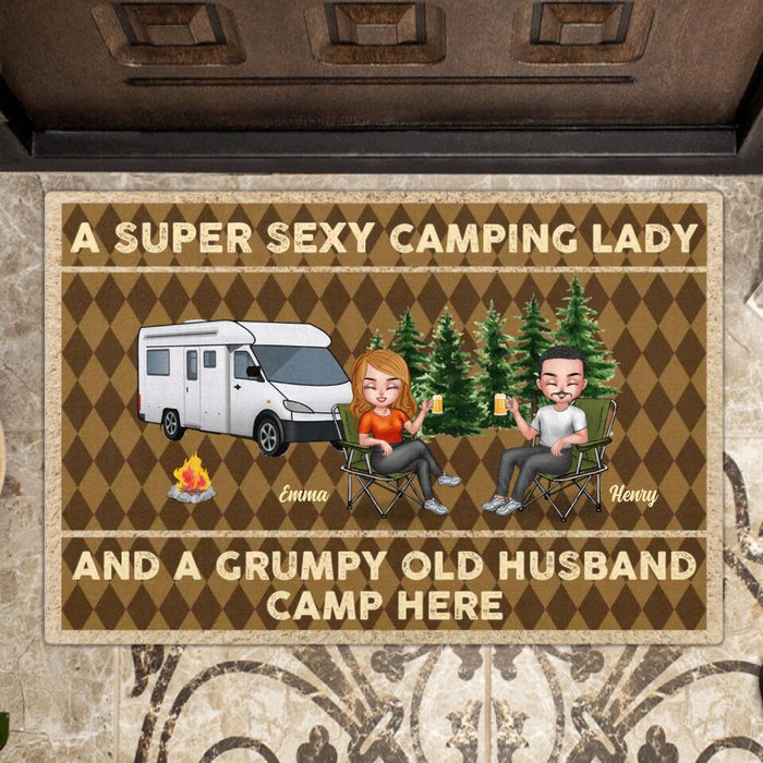 Custom Personalized Camping Couple Doormat - Gift Idea For Couple/ Camping Lover - A Super Sexy Camping Lady And A Grumpy Old Husband Camp Here