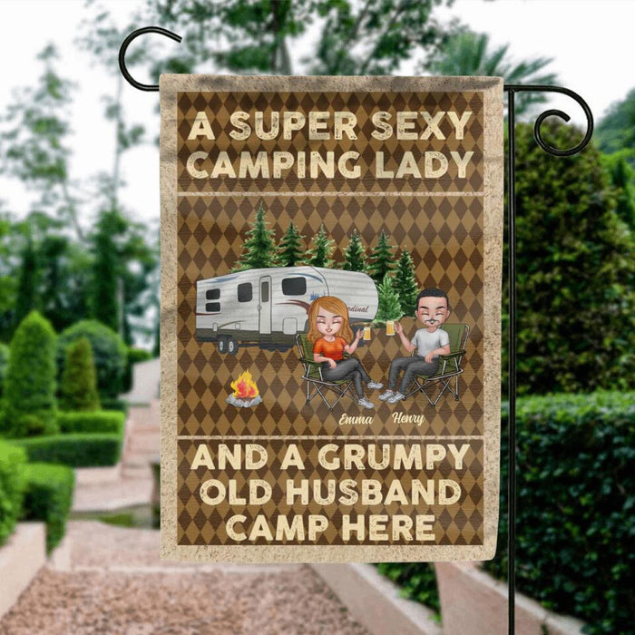 Custom Personalized Camping Couple Flag Sign - Gift Idea For Couple/ Camping Lover - A Super Sexy Camping Lady And A Grumpy Old Husband Camp Here