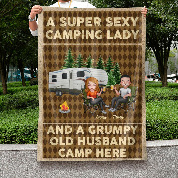 Custom Personalized Camping Couple Flag Sign - Gift Idea For Couple/ Camping Lover - A Super Sexy Camping Lady And A Grumpy Old Husband Camp Here