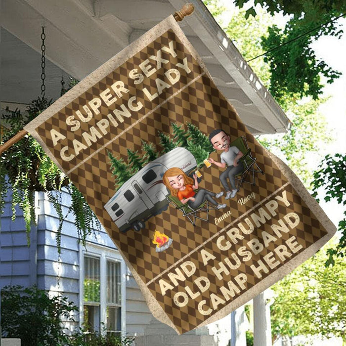 Custom Personalized Camping Couple Flag Sign - Gift Idea For Couple/ Camping Lover - A Super Sexy Camping Lady And A Grumpy Old Husband Camp Here