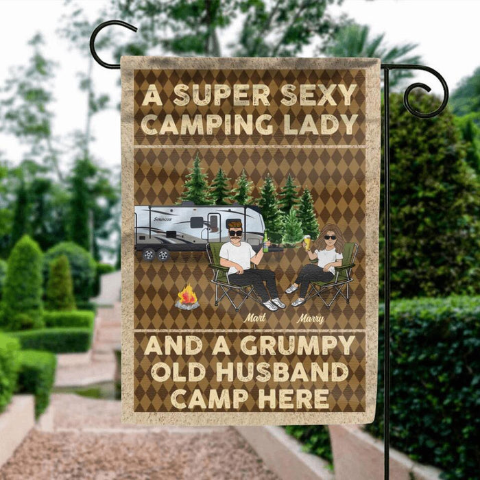 Custom Personalized Camping Couple Flag Sign - Gift Idea For Camping Lover/ Couple Gift - A Super Sexy Camping Lady And A Grumpy Old Husband Camp Here