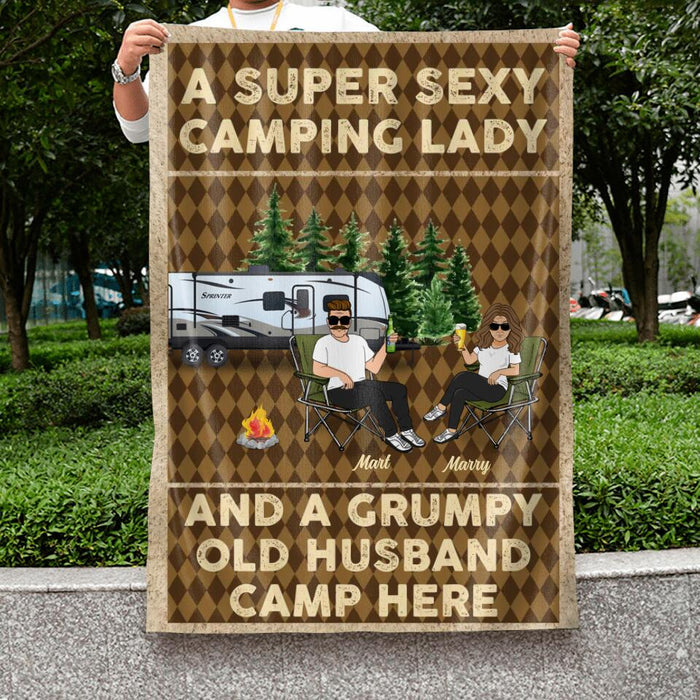 Custom Personalized Camping Couple Flag Sign - Gift Idea For Camping Lover/ Couple Gift - A Super Sexy Camping Lady And A Grumpy Old Husband Camp Here