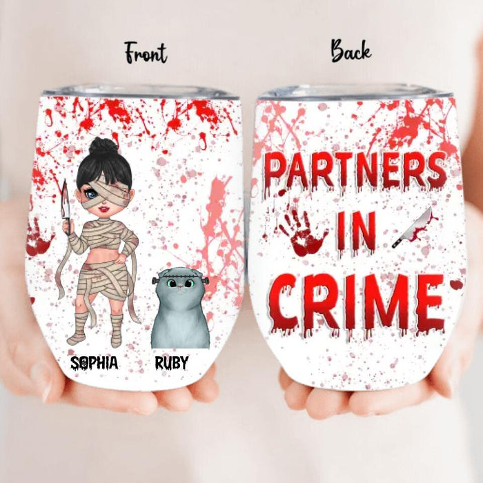 Custom Personalized Halloween Wine Tumbler - Gift Idea For Best Friend/ Halloween/ Cat Lover with up to 4 Cats - Partners In Crime